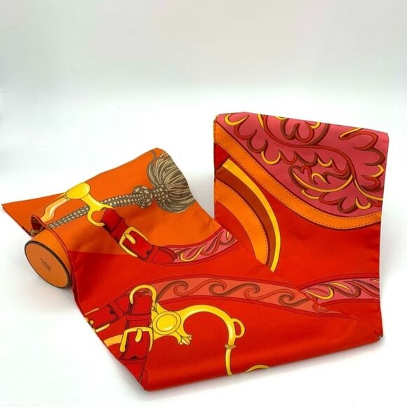 Hermès Maxi Twilly Twill Silk Scarf Festival Des Amazones 220x20cm Orange & Verm - Picture 1 of 8